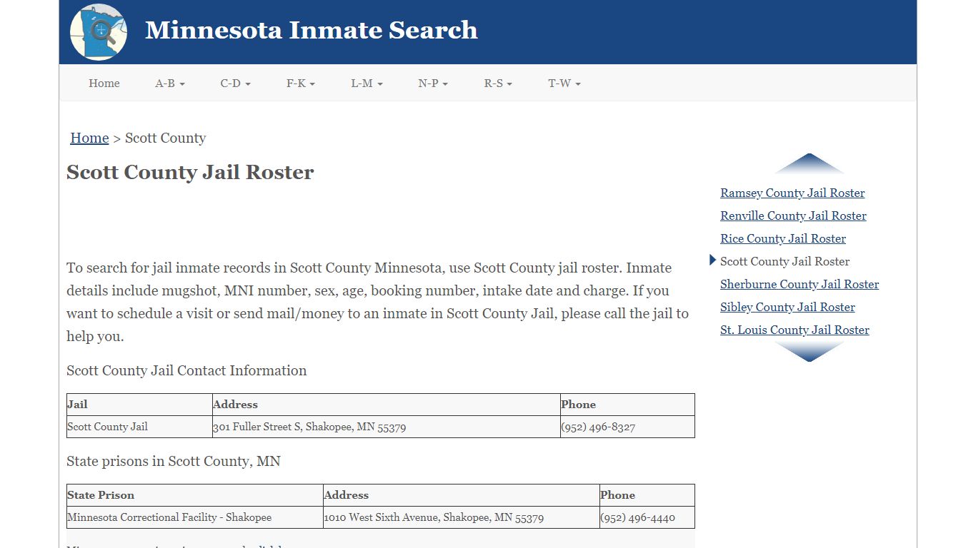 Scott County Jail Roster - Minnesota Inmate Search